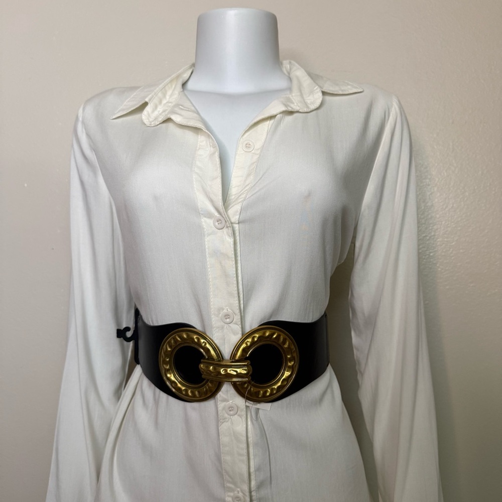 Black elastic waistband belt with old gold tone buckle - Picture 3 of 9